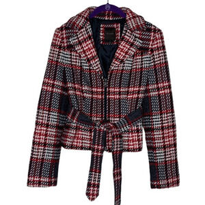 NWT The Limited Red & Black Plaid Wool Belted Jacket